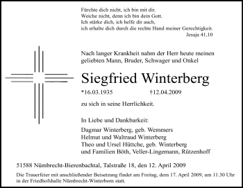 Traueranzeige von Siegfried Winterberg von Tageszeitung