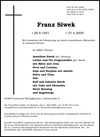Traueranzeige von Franz Siwek von Tageszeitung