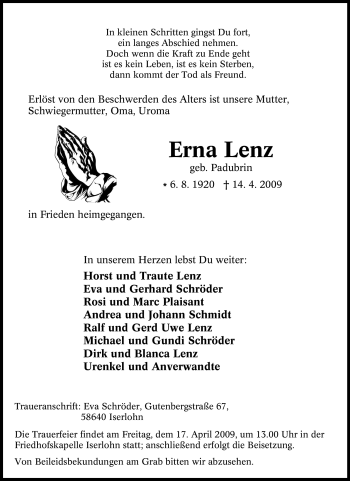 Traueranzeige von Erna Lenz von Tageszeitung