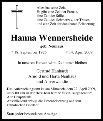Traueranzeige von Hanna Wennersheide von Tageszeitung