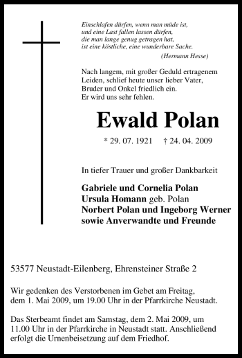 Traueranzeige von Ewald Polan von Tageszeitung