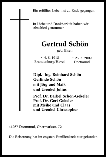 Traueranzeige von Gertrud Schön von Tageszeitung