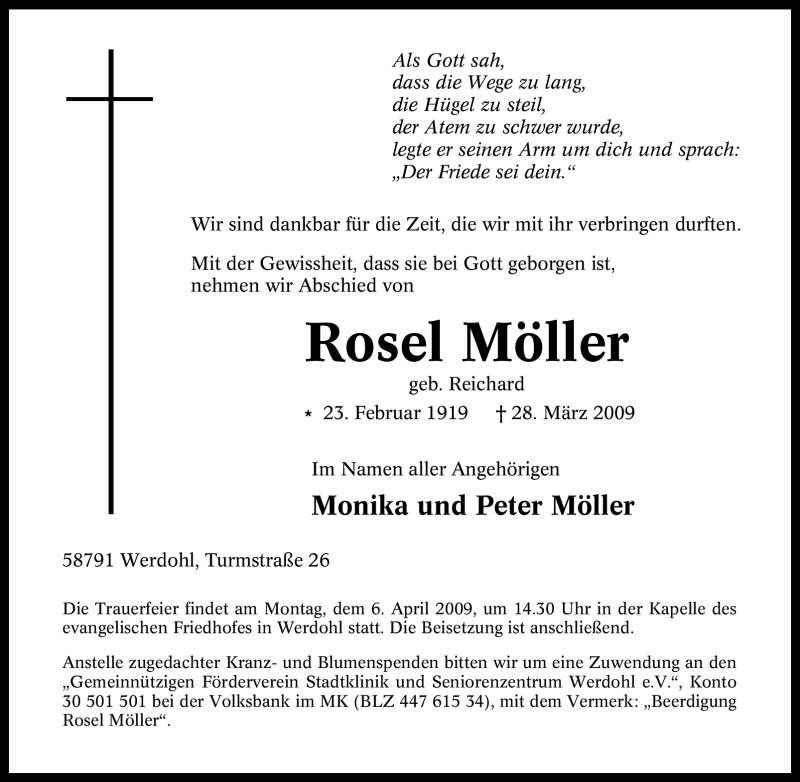  Traueranzeige für Rosel Möller vom 01.04.2009 aus Tageszeitung