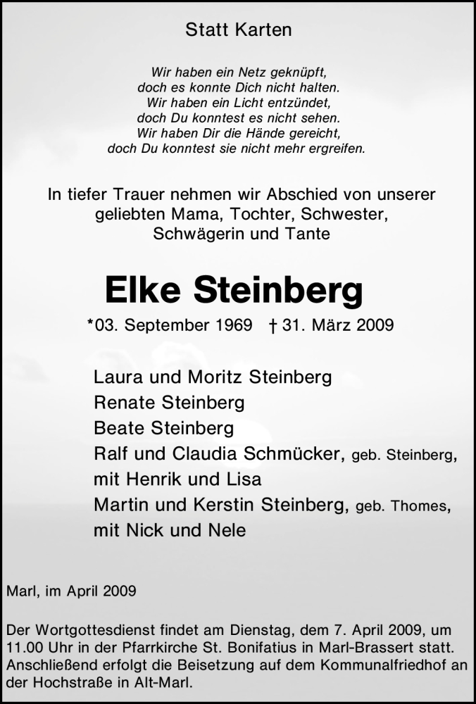  Traueranzeige für Elke Steinberg vom 04.04.2009 aus Tageszeitung