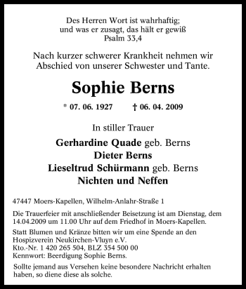 Traueranzeige von Sophie Berns von Tageszeitung