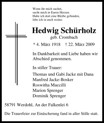 Traueranzeige von Hedwig Schürholz von Tageszeitung