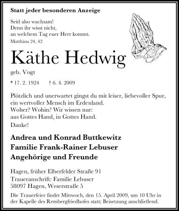 Traueranzeige von Käthe Hedwig von Tageszeitung