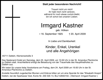 Traueranzeige von Irmgard Kastner von Tageszeitung