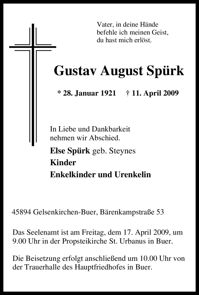  Traueranzeige für Gustav August Spürk vom 15.04.2009 aus Tageszeitung