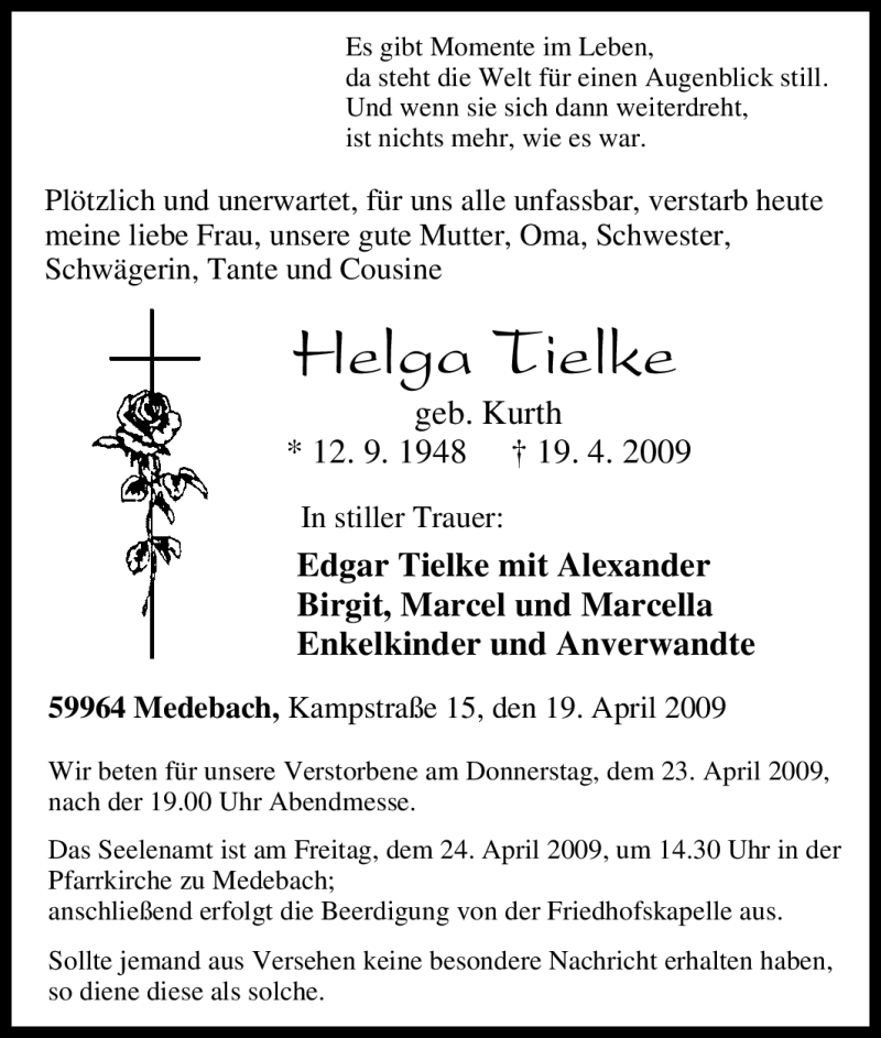  Traueranzeige für Helga Tielke vom 22.04.2009 aus Tageszeitung