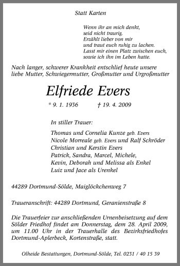 Traueranzeige von Elfriede Evers von Tageszeitung