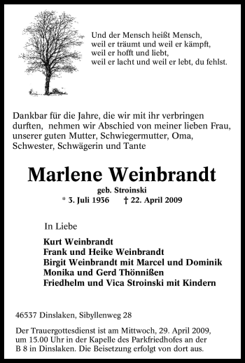Traueranzeige von Marlene Weinbrandt von Tageszeitung
