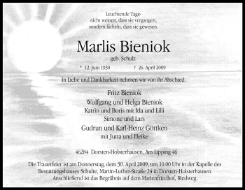Traueranzeige von Marlis Bieniok von Tageszeitung