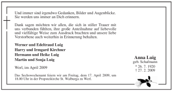 Traueranzeige von Anna Luig von Tageszeitung