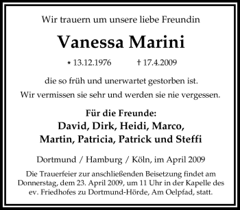 Traueranzeige von Vanessa Marini von Tageszeitung