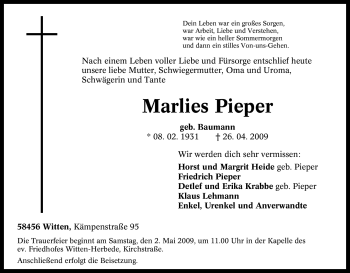 Traueranzeige von Marlies Pieper von Tageszeitung