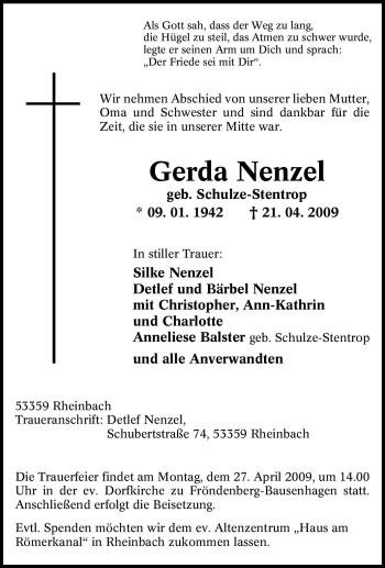 Traueranzeige von Gerda Nenzel von Tageszeitung