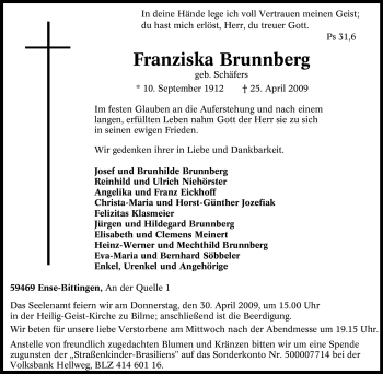Traueranzeige von Franziska Brunnberg von Tageszeitung