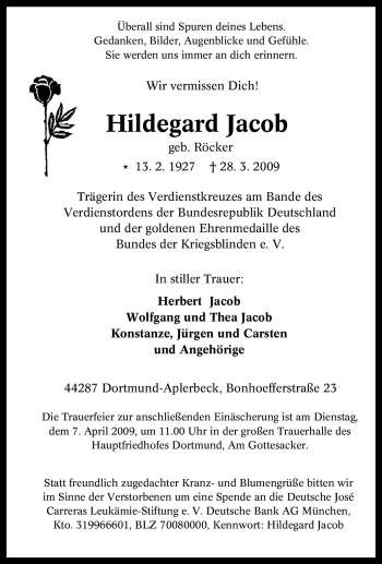 Traueranzeige von Hildegard Jacob von Tageszeitung