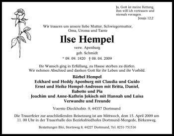 Traueranzeige von Ilse Hempel von Tageszeitung