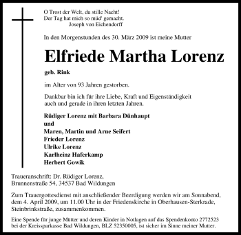 Traueranzeige von Elfriede Martha Lorenz von Tageszeitung