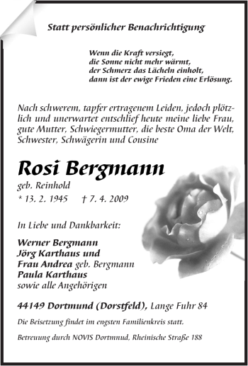 Traueranzeige von Rosi Bergmann von Tageszeitung