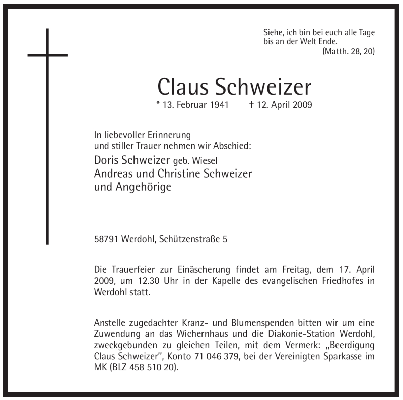  Traueranzeige für Claus Schweizer vom 14.04.2009 aus Tageszeitung