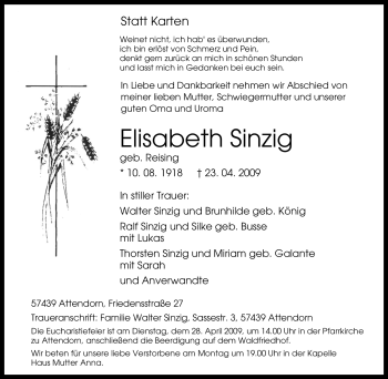 Traueranzeige von Elisabeth Sinzig von Tageszeitung