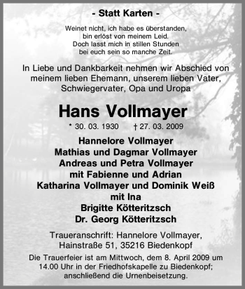 Traueranzeige von Hans Vollmayer von Tageszeitung