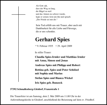 Traueranzeige von Gerhard Spies von Tageszeitung