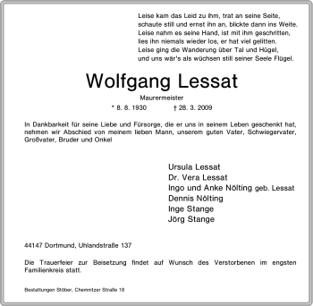Traueranzeige von Wolfgang Lessat von Tageszeitung
