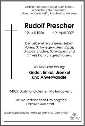 Traueranzeige von Rudolf Prescher von Tageszeitung