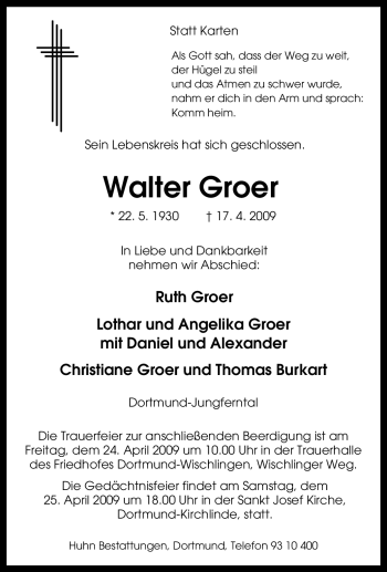 Traueranzeige von Walter Groer von Tageszeitung