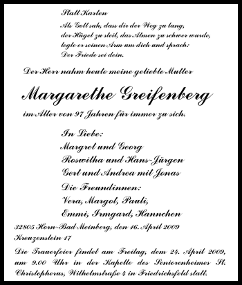 Traueranzeige von Margarethe Greifenberg von Tageszeitung