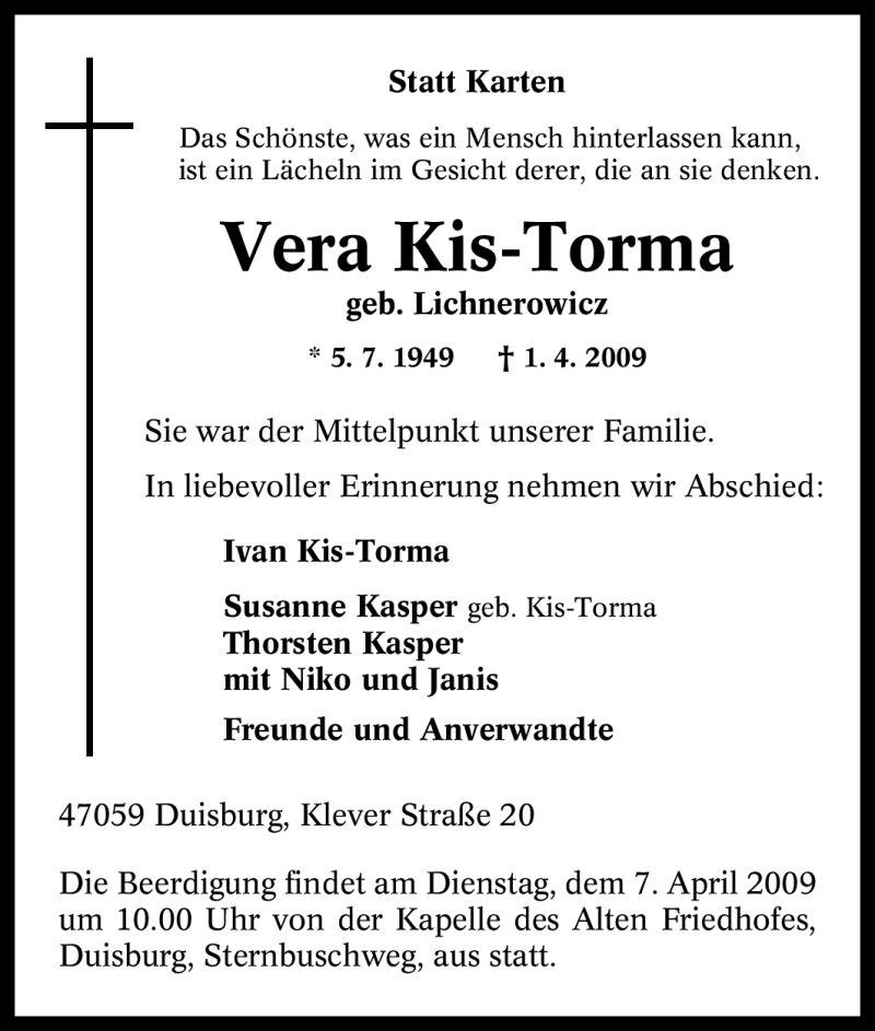  Traueranzeige für Vera Kis-Torma vom 04.04.2009 aus Tageszeitung