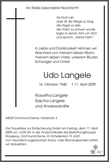 Traueranzeige von Udo Langele von Tageszeitung