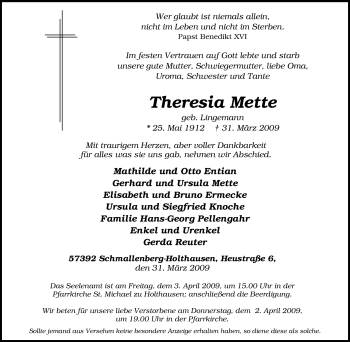 Traueranzeige von Theresia Mette von Tageszeitung