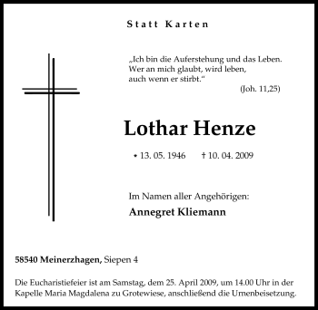 Traueranzeige von Lothar Henze von Tageszeitung