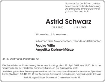 Traueranzeige von Astrid Schwarz von Tageszeitung