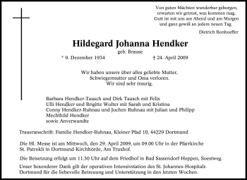 Traueranzeige von Hildegard Johanna Hendker von Tageszeitung