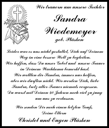 Traueranzeige von Sandra Wiedemeyer von Tageszeitung