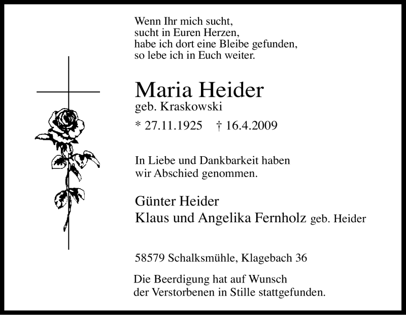  Traueranzeige für Maria Heider vom 21.04.2009 aus Tageszeitung