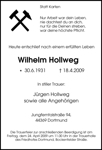 Traueranzeige von Wilhelm Hollweg von Tageszeitung