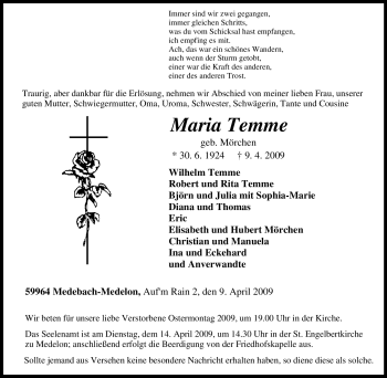 Traueranzeige von Maria Temme von Tageszeitung