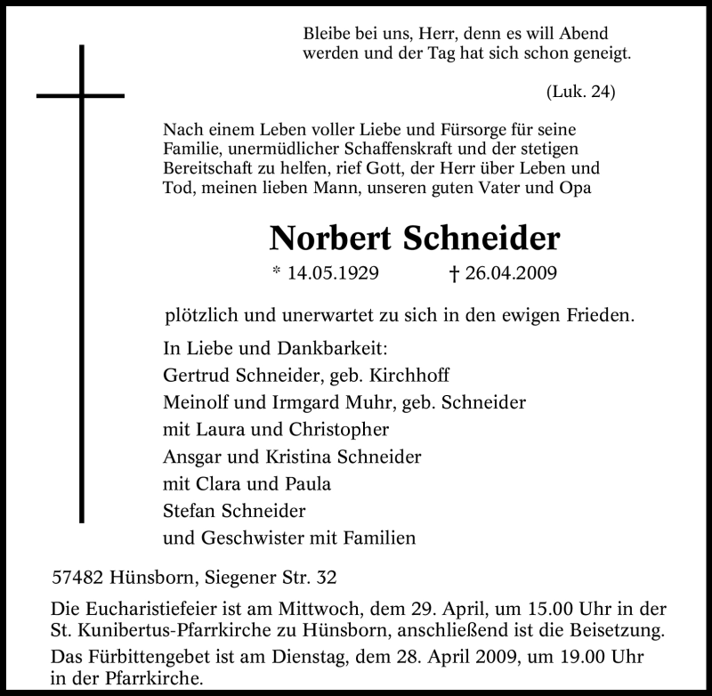  Traueranzeige für Norbert Schneider vom 27.04.2009 aus Tageszeitung