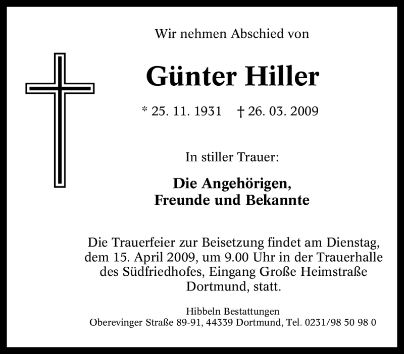  Traueranzeige für Günter Hiller vom 11.04.2009 aus Tageszeitung