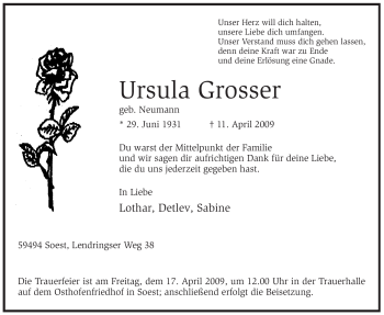 Traueranzeige von Ursula Grosser von Tageszeitung