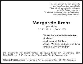 Traueranzeige von Margarete Krenz von Tageszeitung