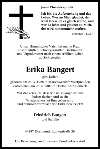 Traueranzeige von Erika Bangert von Tageszeitung
