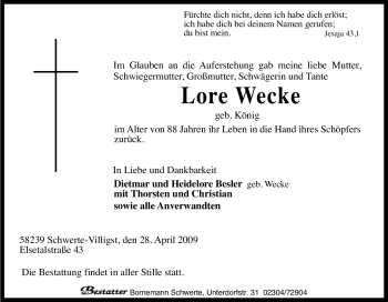 Traueranzeige von Lore Wecke von Tageszeitung